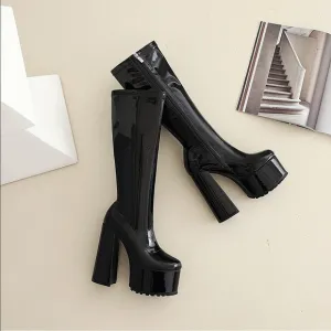 - vivianly Platform Knee High Boots Round Toe Block High Heel Boots Side Z…