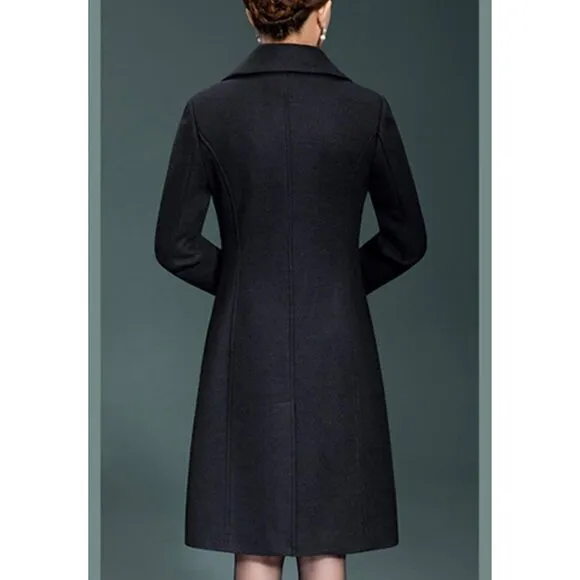 💫 Women Black Long Trench Coat Wool Winter Thick Front Button Walker Coats
