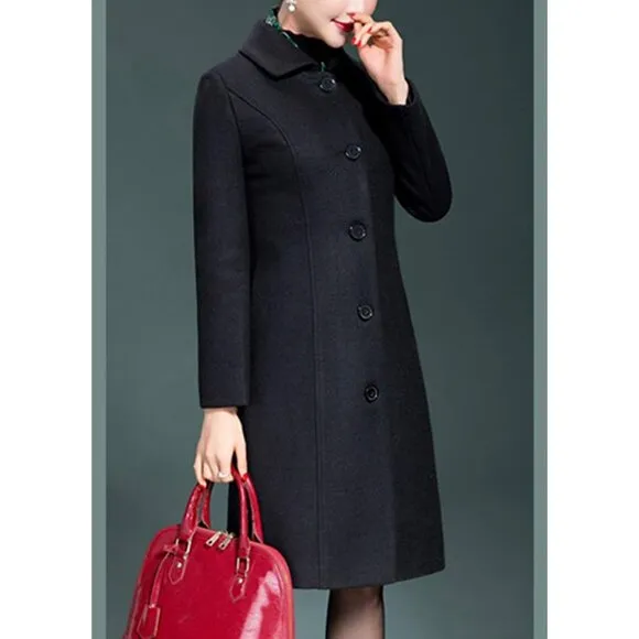 💫 Women Black Long Trench Coat Wool Winter Thick Front Button Walker Coats