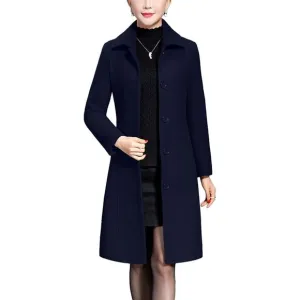 💫 Women Blue Long Trench Coat Wool Winter Thick Front Button Slim Walker Coats