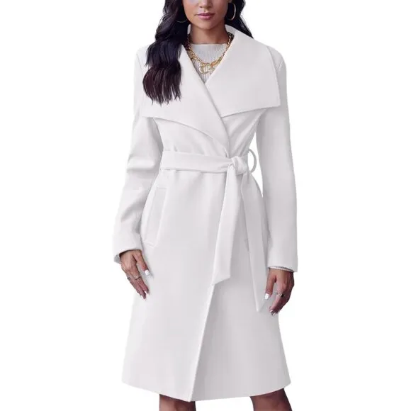 💫 Women White Long Collar Trench Coat Lapel Open Front Belted Pockets Jacket