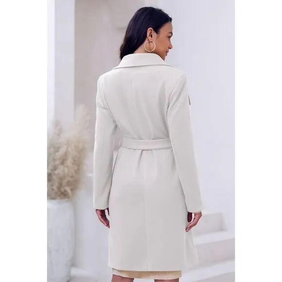 💫 Women White Long Collar Trench Coat Lapel Open Front Belted Pockets Jacket