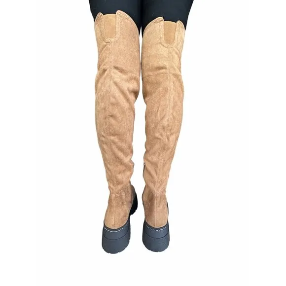 🤩$265 New 6 Women's Boots Marc Fisher LTD PHILLY Over the Knee chunky Boots Tan