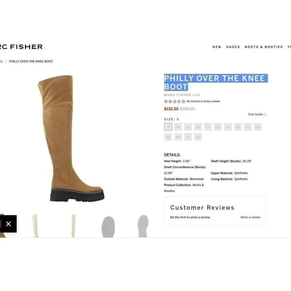 🤩$265 New 6 Women's Boots Marc Fisher LTD PHILLY Over the Knee chunky Boots Tan