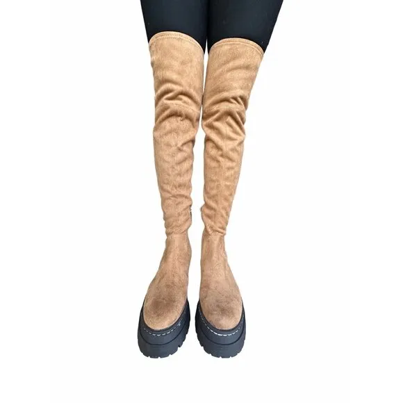 🤩$265 New 6 Women's Boots Marc Fisher LTD PHILLY Over the Knee chunky Boots Tan