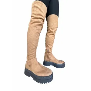 🤩$265 New 6 Women's Boots Marc Fisher LTD PHILLY Over the Knee chunky Boots Tan