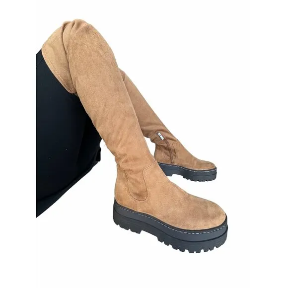 🤩$265 New 6 Women's Boots Marc Fisher LTD PHILLY Over the Knee chunky Boots Tan