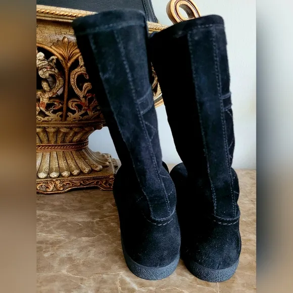 $325 Tory Burch Alana Genuine Suede Shearling Boots Split Pull On Black US6