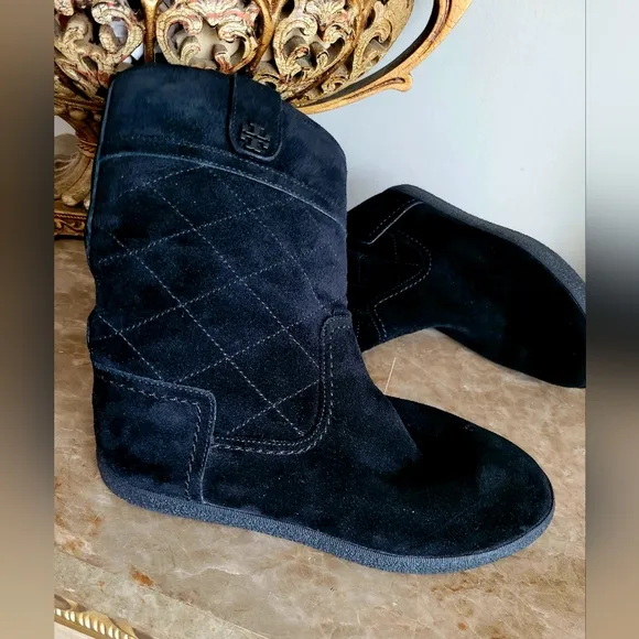 $325 Tory Burch Alana Genuine Suede Shearling Boots Split Pull On Black US6