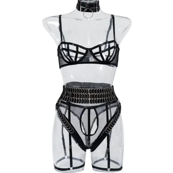 5-Pcs Pierced Multi-Strap Wear Panty Backless Women's Kink Set Lingerie