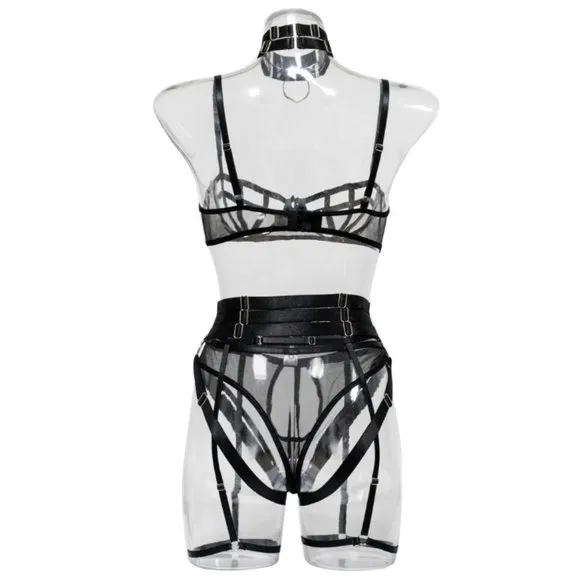 5-Pcs Pierced Multi-Strap Wear Panty Backless Women's Kink Set Lingerie
