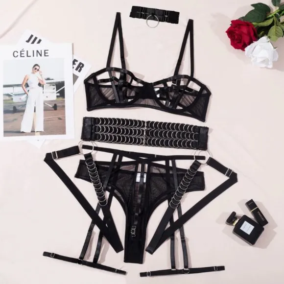 5-Pcs Pierced Multi-Strap Wear Panty Backless Women's Kink Set Lingerie