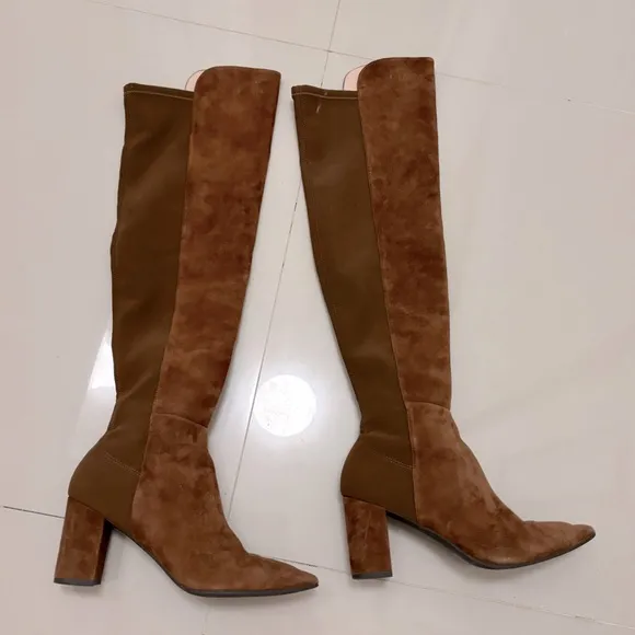 $795 Stuart Weitzman Carly 5050 Suede Stretch Over The Knee Boots in Coffee sz 7