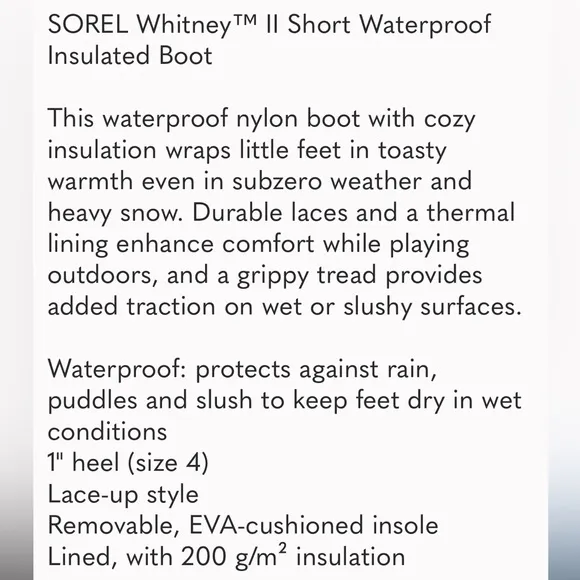 $89 SOREL Whitney™ II Short Waterproof Insulated Boot sz 2 (33 EU) big boys kids