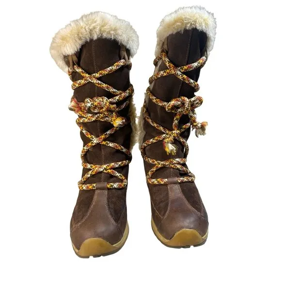 90's Tecnica Brown Suede Leather Lace Up Fur Waterproof Snow Boots W 8.5/9 Vtg