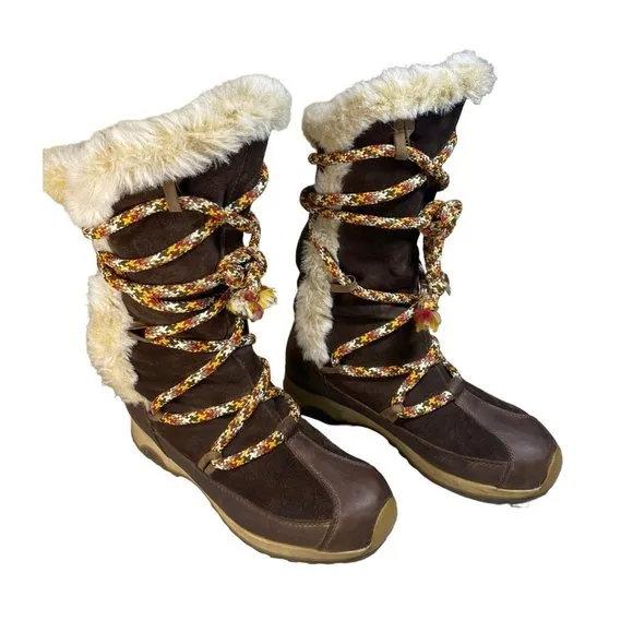 90's Tecnica Brown Suede Leather Lace Up Fur Waterproof Snow Boots W 8.5/9 Vtg