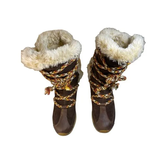 90's Tecnica Brown Suede Leather Lace Up Fur Waterproof Snow Boots W 8.5/9 Vtg