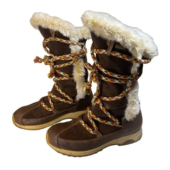90's Tecnica Brown Suede Leather Lace Up Fur Waterproof Snow Boots W 8.5/9 Vtg