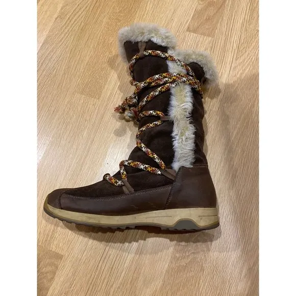 90's Tecnica Brown Suede Leather Lace Up Fur Waterproof Snow Boots W 8.5/9 Vtg