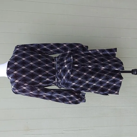 90s Vintage Betsey Johnson Blue Cream Argyle Wrap Dress Sz M