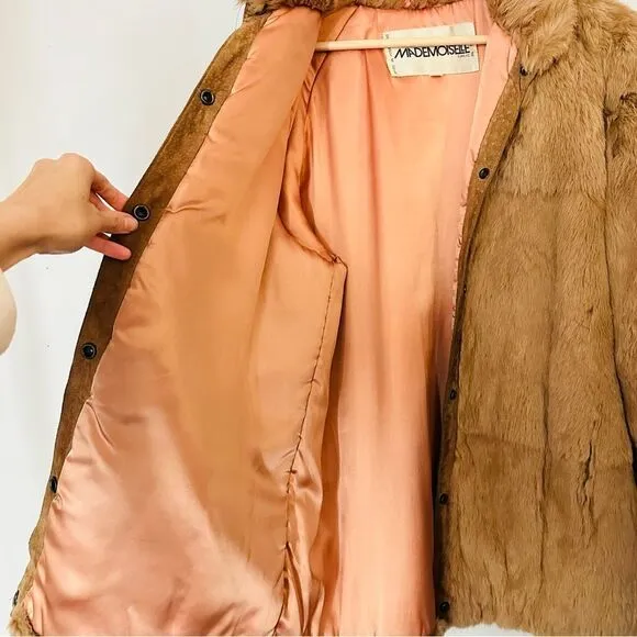 $957 Vintage 80s Mademoiselle Rabbit Fur Coat Tan Brown Neutral Winter Luxury