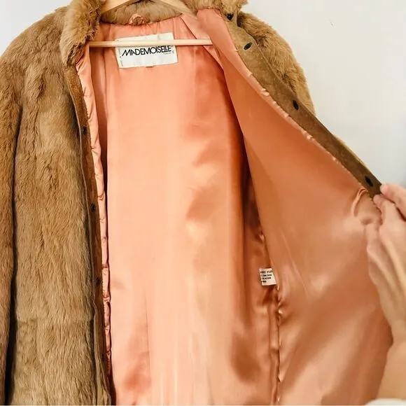 $957 Vintage 80s Mademoiselle Rabbit Fur Coat Tan Brown Neutral Winter Luxury