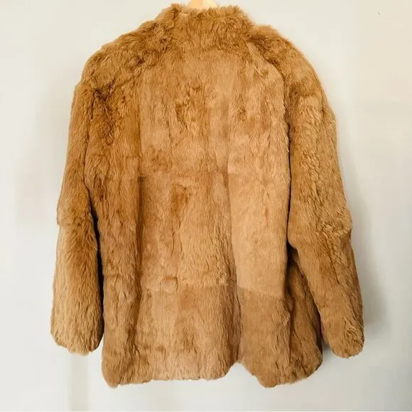$957 Vintage 80s Mademoiselle Rabbit Fur Coat Tan Brown Neutral Winter Luxury