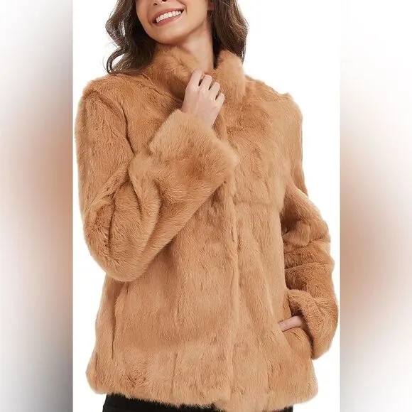 $957 Vintage 80s Mademoiselle Rabbit Fur Coat Tan Brown Neutral Winter Luxury