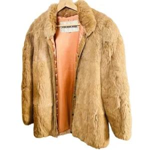 $957 Vintage 80s Mademoiselle Rabbit Fur Coat Tan Brown Neutral Winter Luxury