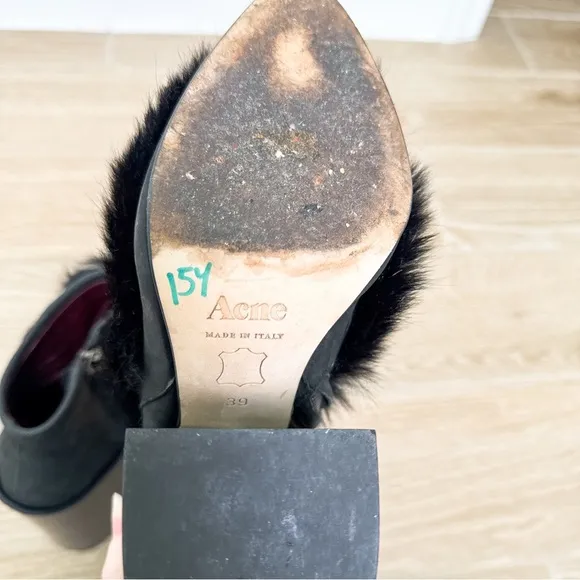Acne Studios Y2K vintage black leather fur trim heel boots size 39