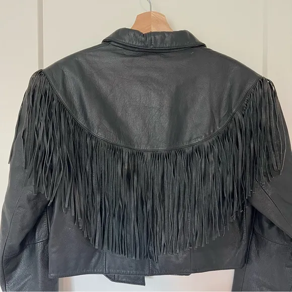 Adler Vintage 100% Black Genuine Leather Fringe Tassel Western Cut-Off Jacket