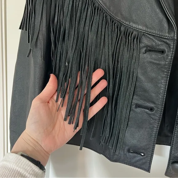 Adler Vintage 100% Black Genuine Leather Fringe Tassel Western Cut-Off Jacket