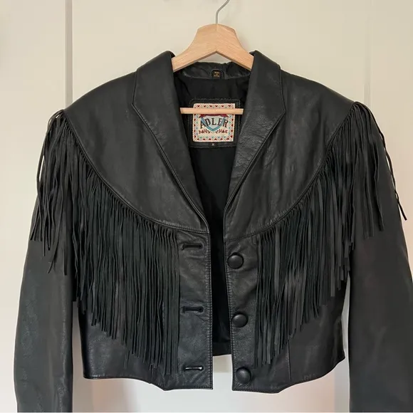 Adler Vintage 100% Black Genuine Leather Fringe Tassel Western Cut-Off Jacket