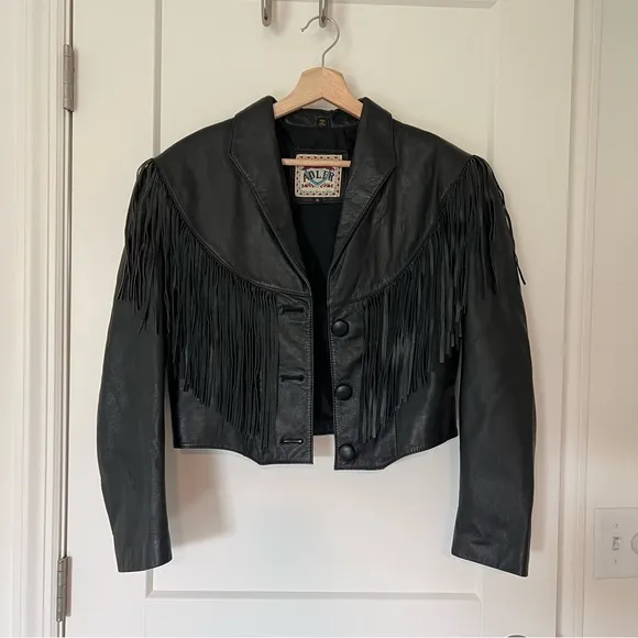 Adler Vintage 100% Black Genuine Leather Fringe Tassel Western Cut-Off Jacket
