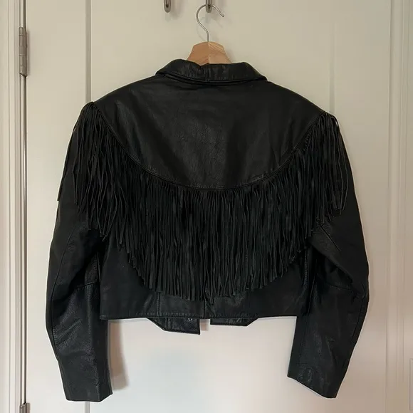 Adler Vintage 100% Black Genuine Leather Fringe Tassel Western Cut-Off Jacket