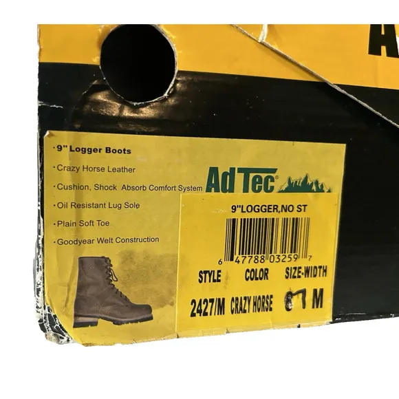 AdTec 2427 Men's 9in Logger Crazy Horse Leather Work Boots Soft Toe Size 7M