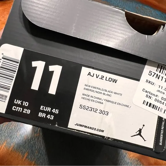 Air Jordan AJ V.2 Low Shoes New Emerald Black White Size 11 with box