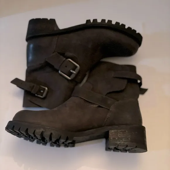 ALL SAINTS Shoreditch leather ankle boots brown nubuck moto with straps size 8