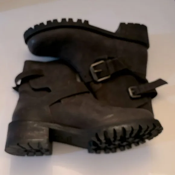 ALL SAINTS Shoreditch leather ankle boots brown nubuck moto with straps size 8