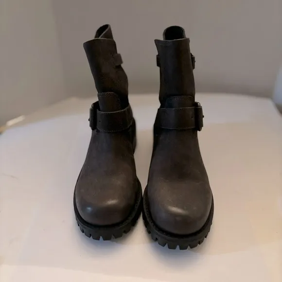 ALL SAINTS Shoreditch leather ankle boots brown nubuck moto with straps size 8