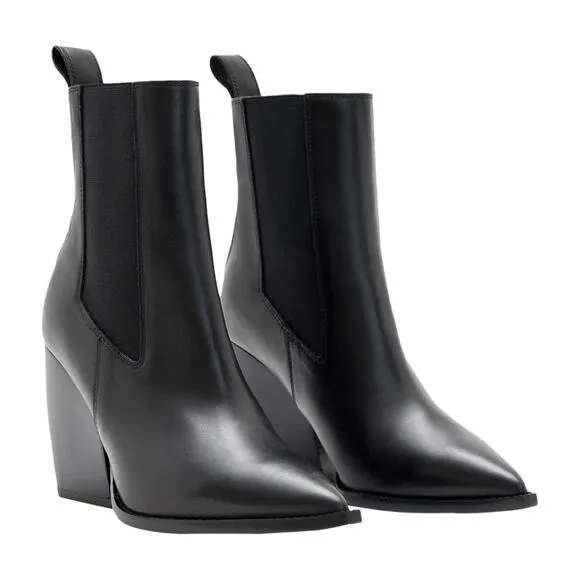 Allsaints Boots Women EU 38 US 7 Black Ria Leather Ankle Booties Pull On Pointed