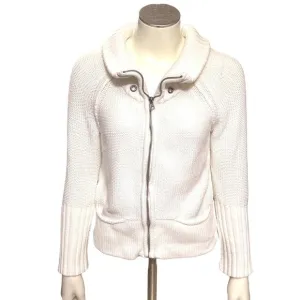 American Eagle Outfitters White Cotton Knit Zip Sweater With High Collar Pockets