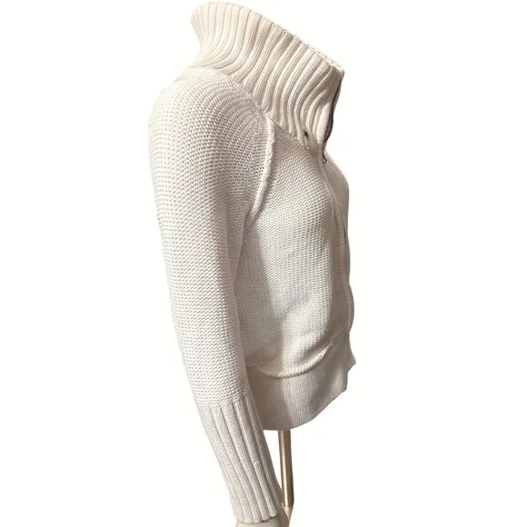 American Eagle Outfitters White Cotton Knit Zip Sweater With High Collar Pockets