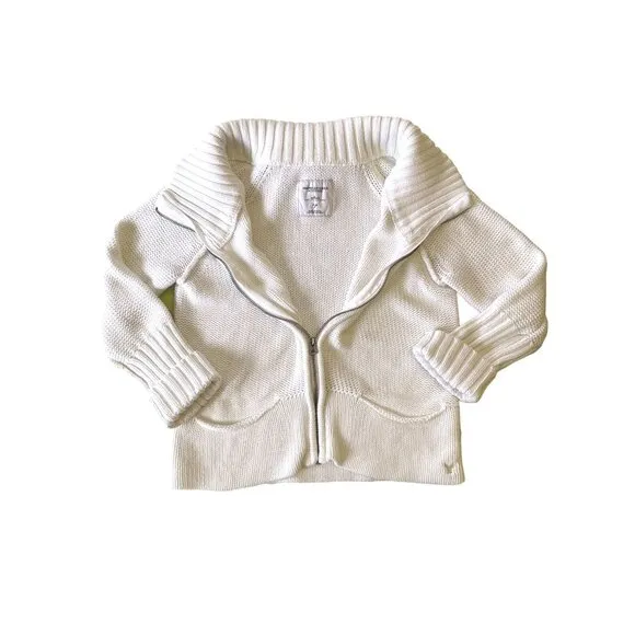 American Eagle Outfitters White Cotton Knit Zip Sweater With High Collar Pockets