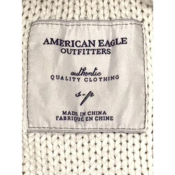 American Eagle Outfitters White Cotton Knit Zip Sweater With High Collar Pockets