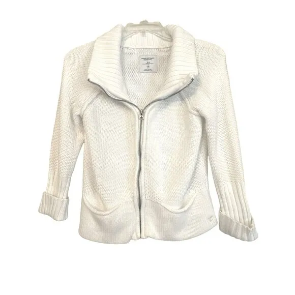American Eagle Outfitters White Cotton Knit Zip Sweater With High Collar Pockets