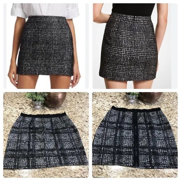Ann Taylor Plaid Houndstooth Wool Blend Gray Black Skirt 14