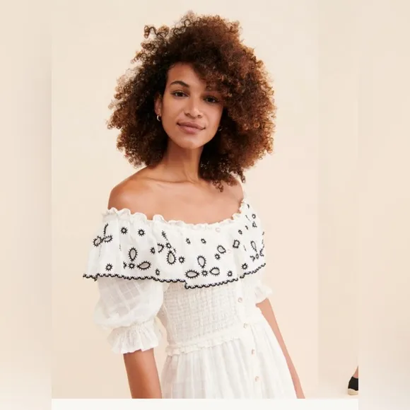 Anthropologie RAHI Mariella dress ivory black flowy embroidered so pretty