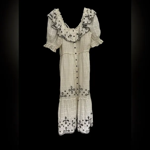 Anthropologie RAHI Mariella dress ivory black flowy embroidered so pretty