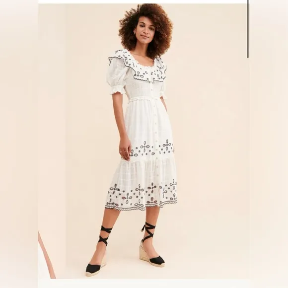 Anthropologie RAHI Mariella dress ivory black flowy embroidered so pretty